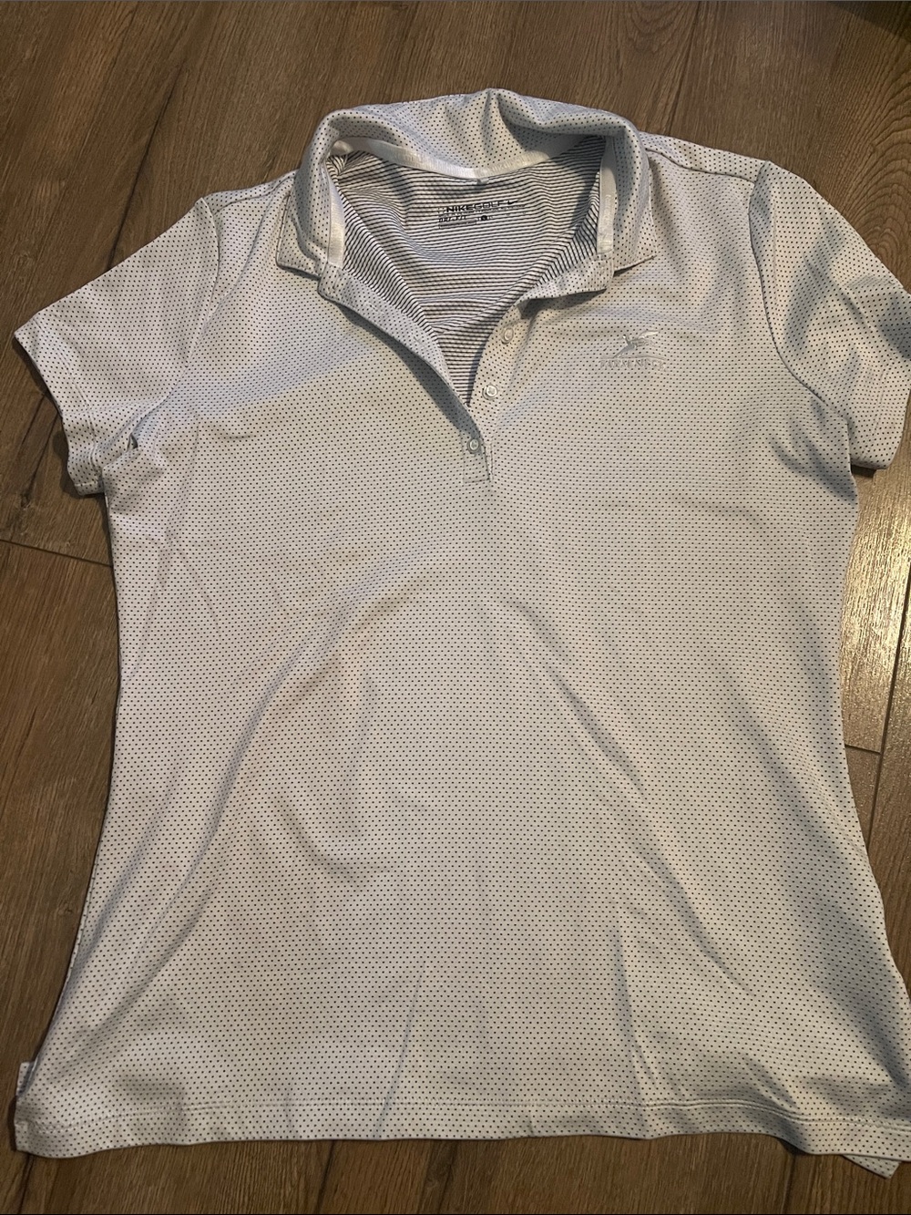 Womens Sz L Nike Golf Dri-Fit Golf Farm Neck Emblem White Polka Dot